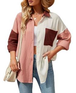 Lanomi Damen Bluse Langarm Karo Einfarbig Hemd Baumwolle Hemdbluse Locker Button Down Oberteile Elegant Langarmshirt mit Knöpfen für Oktoberfest Rosa Weiß XL von Lanomi