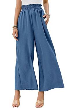Lanomi Damen Culotte Hose Weites Bein Sommer Elastische Taille Einfarbig Freizeithose Hosen mit Taschen Blau 2XL von Lanomi