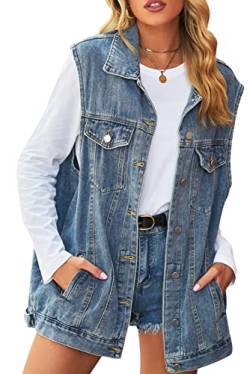 Lanomi Jeansweste Damen Ärmellos Denim Mantel Jacke Knopfleiste Revere Übergangsjacke Jeansjacke Weste mit Taschen Blau L von Lanomi