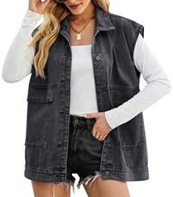 Lanomi Jeansweste Damen Jeansjacke Ärmellos Einfarbig Denim Weste Freizeit Herbstjacke Knopfleiste Übergangsjacke mit Taschen Schwarz XL von Lanomi