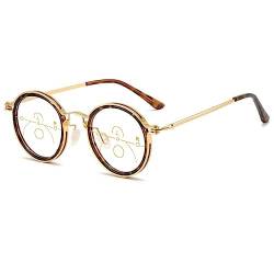 Lanomi Progressive Multifokal Lesebrille Damen Herren Rund Retro Metall Blaulichtfilter Lesehilfe Anti Blaulicht Brillen mit Stärke Gold schildpatt 1.0 von Lanomi