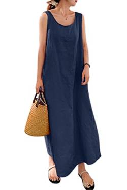 Lanomi Sommerkleid Damen Baumwolle Leinen Kleid Lang Freizeitkleid Ärmelloses Einfarbig Strandkleid Locker Tunika Kleider mit Taschen Dunkelblau 3XL von Lanomi