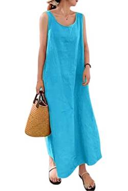 Lanomi Sommerkleid Damen Baumwolle Leinen Kleid Lang Freizeitkleid Ärmelloses Einfarbig Strandkleid Locker Tunika Kleider mit Taschen Hellblau 5XL von Lanomi