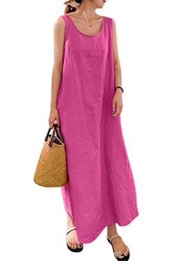 Lanomi Sommerkleid Damen Baumwolle Leinen Kleid Lang Freizeitkleid Ärmelloses Einfarbig Strandkleid Locker Tunika Kleider mit Taschen Rosa 5XL von Lanomi