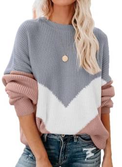 Lantch Damen Strickpullover Colorblock Sweater Casual Pullover Sweatshirt Pulli Elegant Jumper Shirts(Grau,L) von Lantch