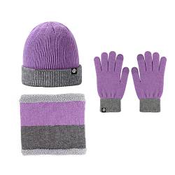 Lantra Besa Damen Herren Beanie Mütze Schlauchschal Neck Warmer Schal und Handschuhe Set für Winter Outdoor Ski Fleece Gefüttert Winddicht Warm CH0204 - Lila - Grau von Lantra Besa