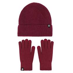 Lantra Besa Damen Herren Winter Beanie Mütze und Handschuhe Set für Outdoor Gestrickt Fleece Gefüttert Winddicht Warm Unisex CH0207 - Dunkelrot von Lantra Besa