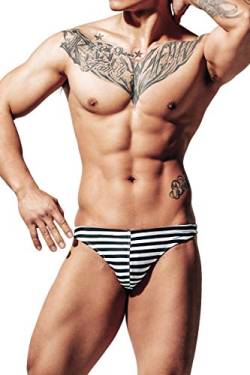 Lantra Besa Herren T Back G String Thong Badehose Bikini Bottom Slip für Sommer Schwimmen MEHRWEG cm (Typ 123) - Schwarz-Weiß Gestreift (XL, um 2 Größen Kleiner als DE Norm) von Lantra Besa