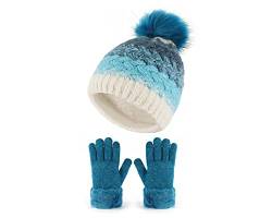 Lantra Besa Kinder Jungen Mädchen Mütze und Handschuhe Set für Winter Outdoor Fleece Gefüttert Gestrickt Dehnbar Warm CH0228 - Blau von Lantra Besa