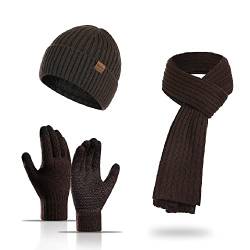 Lantra Besa Unisex Damen Herren Winter Fleece Gefüttert Beanie Mütze Lang Schal und Touchscreen Handschuhe Set für Outdoor Gestrickt Warm Acryl CH0105 - Kaffee Braun von Lantra Besa