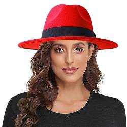 Lanzom Damen Wide Brim Warm ol Fedora-Hut Retro Style Gürtel Panamahut Weihnachtsgeschenk Einheitsgröße rot von Lanzom