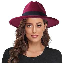 Lanzom Damen wide brim warme wolle-fedora-hut retro style gürtel panamahut einheitsgröße weinrot von Lanzom