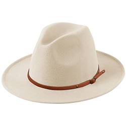 Lanzom Fedora-Hut für Damen, Retro-Mütze, breite Krempe, mit Gürtelschnalle, Wolle, X Belt-Beige, Einheitsgröße von Lanzom