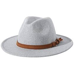 Lanzom Fedora-Hut für Damen, aus Filz, breite Krempe, Panama-Hüte mit Band - Grau - Einheitsgröße von Lanzom