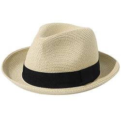 Lanzom Herren Damen Strohhut, faltbar, zum Aufrollen, feiner Zopf, Fedora, Sommer, Strand, Sonnenhut, A-beige, Medium von Lanzom