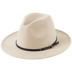 Lanzom Klassischer Damen-Panamahut mit breiter Krempe, Gürtelschnalle, Wolle, Fedora-Hut, passend für Größe 40-40, Beige, Einheitsgröße von Lanzom