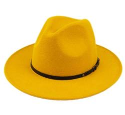 Lanzom Klassischer Damen-Panamahut mit breiter Krempe, Gürtelschnalle, Wolle, Fedora-Hut, passend für Größe 6 8/7-7 1/4, gelb, Einheitsgröße von Lanzom