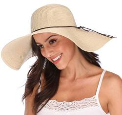 Lanzom Strohhut für Damen, große Schleife, faltbar, schlabbrig, aufrollbar, Strandkappe, Sonnenhut, 14 cm, LSF 50+, Größe X, Beige, Einheitsgröße von Lanzom