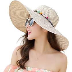 Lanzom Womens Wide Brim Straw Hat Floppy Foldable Roll up Cap Beach Sun Hat UPF 50+ (Style A-Khaki) von Lanzom