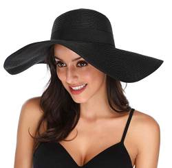 Lanzom Womens Wide Brim Straw Hat Floppy Foldable Roll up Cap Beach Sun Hat UPF 50+ (Style C-Black) von Lanzom