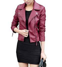 Damen Herbst Winter PU Lederjacke Bikerjacke Jacke Motorradjacke Ladies Oberbekleidung S Weinrot von LaoZan