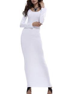 Damen Langarm Etuikleider Basic Longshirt Kleider Loose Stretch Rundhals T-Shirt Einfarbig Maxi Kleid Weiß S von LaoZan