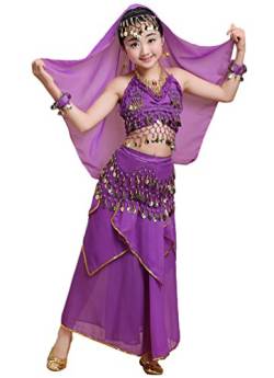 LaoZan Kindertanzkleidung Indische Tanzperformance Ärmellos Camisole Bauchtanz Kostüm Maxirock Set für Mädchen (Dunkles Lila(3Pcs), Asia M) von LaoZan