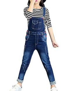 Kinder Mädchen Jeans Latzhose Denim Freizeithosen Jumpsuit Lang Overall Mit Hosenträger Blau 150CM von LaoZanA