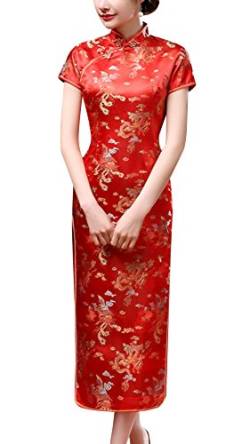Laogudai Damen Kleid Chinesisch Etuikleider Kurzärmelig Cheongsam Front Slit Qipao Traditionale Langkleid Abendkleider Partykleider Rot-2XL von Laogudai