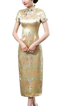 Laogudai Damen Kleid Chinesisch Etuikleider Traditional Cheongsam Kurzärmelig Qipao Brokat Langkleid Abendkleider Partykleider Gold-L von Laogudai