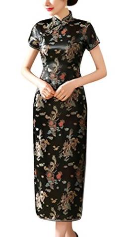 Laogudai Damen Kleid Chinesisch Etuikleider Traditional Cheongsam Kurzärmelig Qipao Brokat Langkleid Schwarz Abendkleider Partykleider-XL von Laogudai