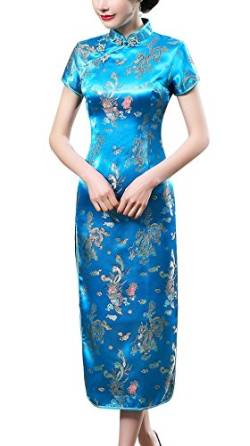 Laogudai Damen Kleid Türkis Etuikleider Chinesische Cheongsam Kurzärmelig Qipao Brokat Langkleid Abendkleider Partykleider-2XL von Laogudai