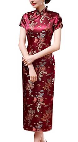 Laogudai Damen Kurzärmelig Chinesisch Etuikleider Traditional Cheongsam Brokat Langkleid Abendkleider Partykleider Rot-3XL von Laogudai