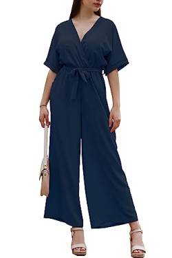 Laphilo Damen Langer V-Ausschnitt Weites Bein Jumpsuit mit Lässig Elegantem Sommer Gürtel cod.7213 (2XL, Blau) von Laphilo