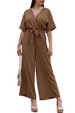 Laphilo Damen Langer V-Ausschnitt Weites Bein Jumpsuit mit Lässig Elegantem Sommer Gürtel cod.7213 (L, Braun) von Laphilo