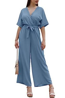 Laphilo Damen Langer V-Ausschnitt Weites Bein Jumpsuit mit Lässig Elegantem Sommer Gürtel cod.7213 (M, Jeans) von Laphilo