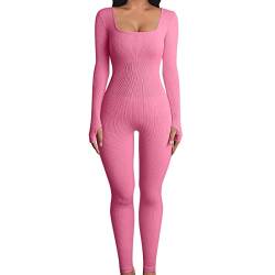 Damen Sport Jumpsuit Lang Eng Yoga Bodysuit Overall Stretch Langarm Bodycon Strampler Sportanzug Einteiler Hosenanzug Trainingsanzug A0171 Rosa#XL von Lapirek