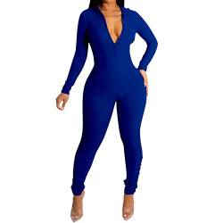 Damen Sport Jumpsuit Lang Eng Yoga Overall Langarm V-Ausschnitt Playsuits mit Reißverschluss Jogging Strampler Hosenanzug Trainingsanzug A0008 Blau#M von Lapirek