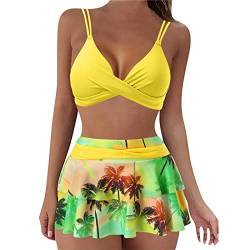 High Waist Bauchweg Bikini mit Rock Damen Set Push Up Gepolsterter Doppelte Trägerriemen Rückenfrei Oberteil Zweiteiliger Badeanzug Druck Bademode von Lapirek