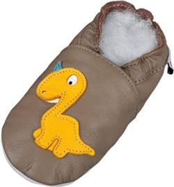 Lappade Dino 3 Beige Braun Wildleder Dino Geckos Löwe Lederpuschen Hausschuhe Krabbelschuhe Baby Lauflernschuhe mit Ledersohle (Gr. 19/20 EU M, Art. 74) von Lappade