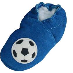Lappade Fußball blau Jungen Fußballpuschen Lederpuschen Hausschuhe Krabbelschuhe Baby Lauflernschuhe mit Ledersohle (Art. 140 Gr. 23/24 EU) von Lappade