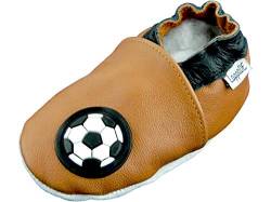 Lappade Fußball braun Jungen Fußballpuschen Lederpuschen Hausschuhe Krabbelschuhe Baby Lauflernschuhe mit Ledersohle (Art. 45 Gr. 25/26 EU) von Lappade