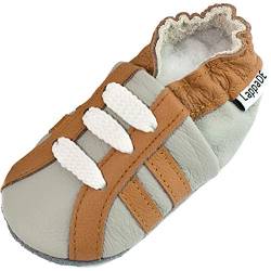 Lappade Sport grau braun Wildleder Jungen Sportsneaker Lederpuschen Hausschuhe Krabbelschuhe Baby Lauflernschuhe mit Ledersohle (Gr. 19/20 EU M, Art. 118) von Lappade