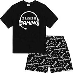 Jungen-Pyjama mit Aufschrift „Cool I'd Rather Be Gaming“ , Pyjama mit kurzer Hose, Baumwolle, Schwarz Gr. 13-14 Jahre, Schwarz von Lareina