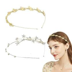 2Feines goldenes Metallstirnband Stirnband Blumenkranz Strass Stirnband Blumen Haarreif Vintage Kopfbedeckung Hochzeit Zeremonie Waldfee Kostüm Damen Mädchen (Strass Sterne + opal drei-petal Blumen) von Larfraecy