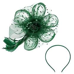 Ladie Feather Fascinator,Feder Kopfschmuck Braut Haar Zubehör Mesh Veil Kopfschmuck Braut Geschenk Hut Jockey Festival Hanf Schleier Kopfschmuck Haar Zubehör Royal Ascot Races Damen (Dunkelgrün) von Larfraecy