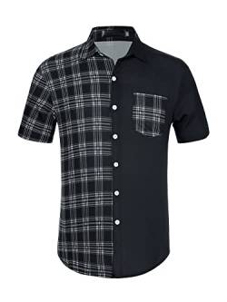 Lars Amadeus Herren Kurzarm Kariert Knopfleiste Sommer Patchwork Hemd Shirt Schwarz-Weiss S von Lars Amadeus