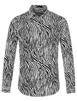 Lars Amadeus Herren Vintage Leopard Print Button Down Langarm Baumwolle Freizeithemd, schwarz / weiß, 44 von Lars Amadeus