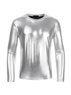 Lars Amadeus Metallic-T-Shirt für Herren, Rundhalsausschnitt, Lange Ärmel, glänzendes Disco-T-Shirt Silber XXL von Lars Amadeus