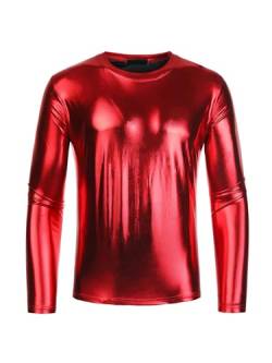 Lars Amadeus Metallic-T-Shirt für Herren, Rundhalsausschnitt, Lange Ärmel, glänzendes Disco-T-Shirt rot L von Lars Amadeus